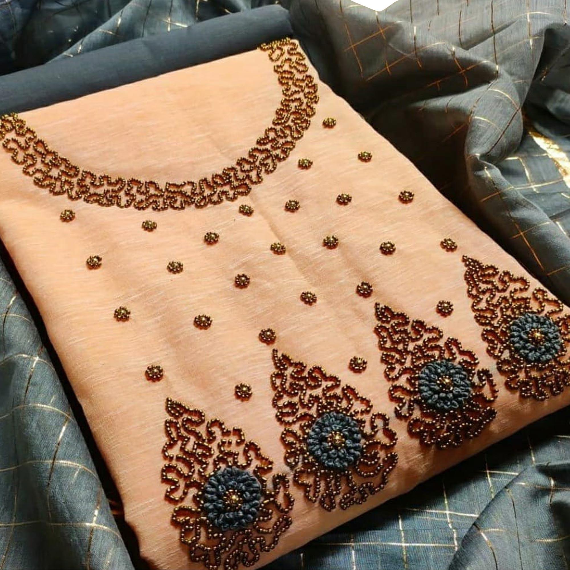 Beautiful Light Orange Colored Festive Wear Embroidered Chanderi Dress Material - Peachmode