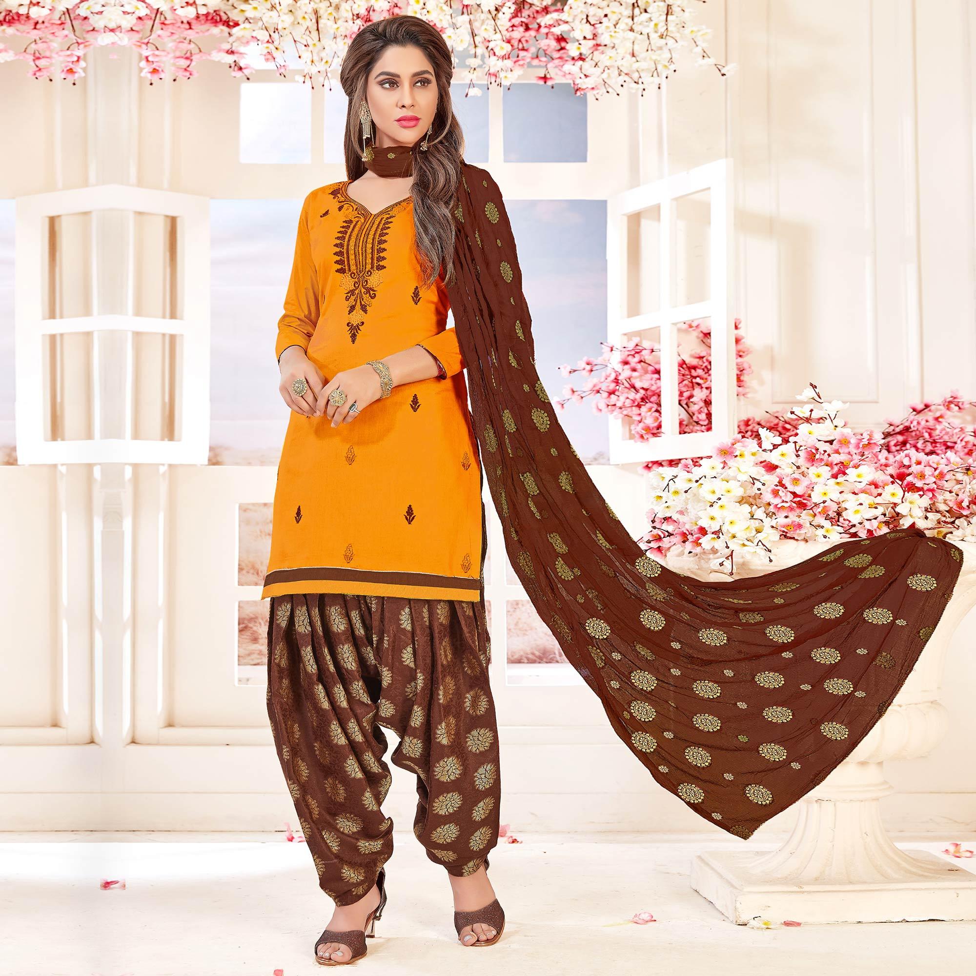 Beautiful Mango Yellow Colored Partywear Embroidered Cotton Dress Material - Peachmode