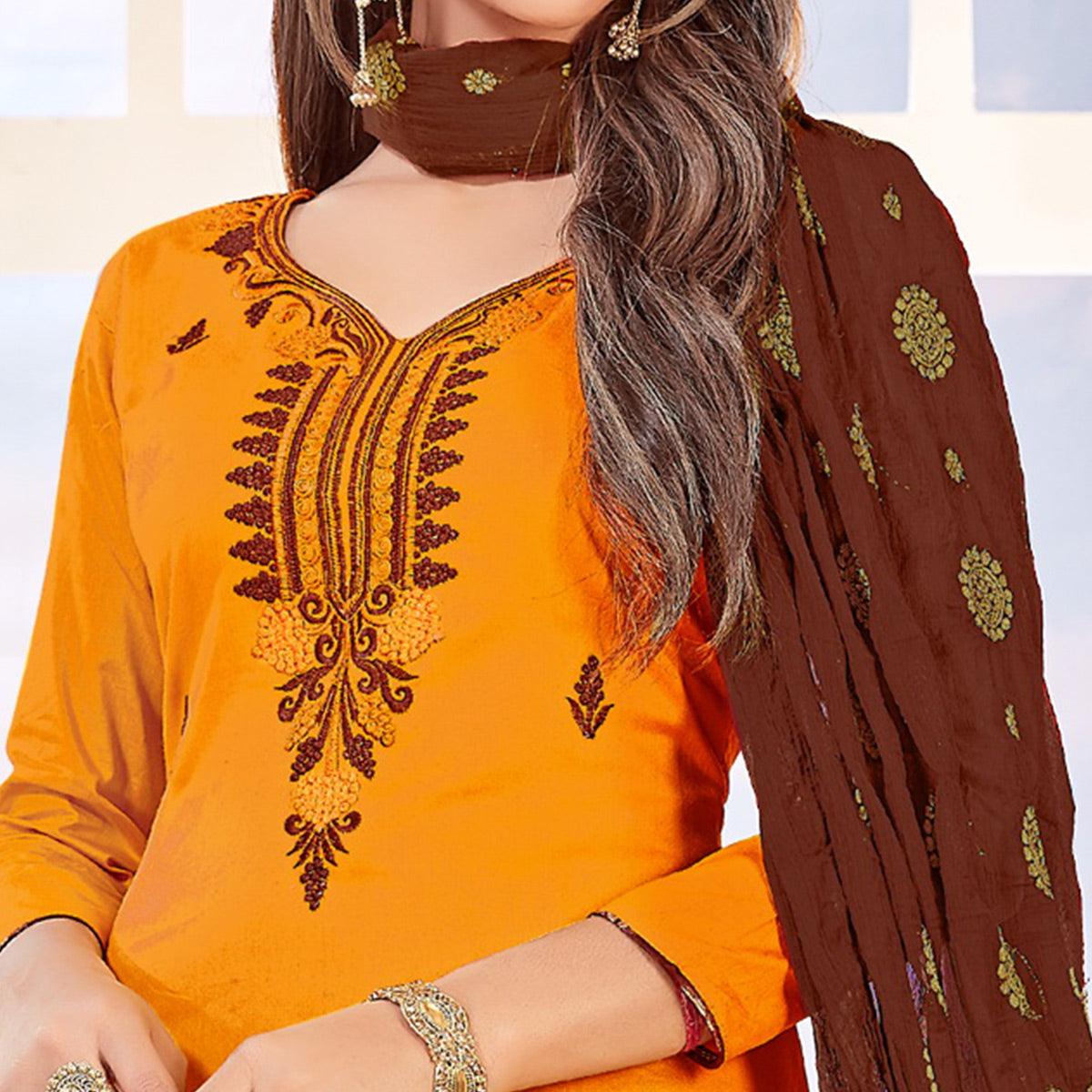 Beautiful Mango Yellow Colored Partywear Embroidered Cotton Dress Material - Peachmode