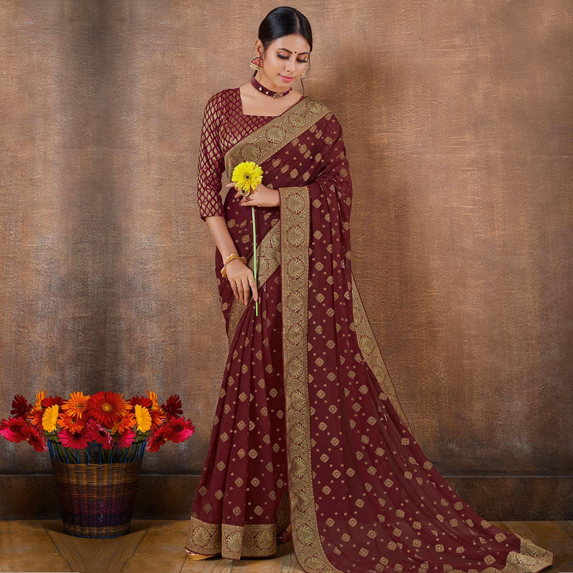Beautiful Maroon Colored Festive Wear Foil Printed Georgette Saree - Peachmode