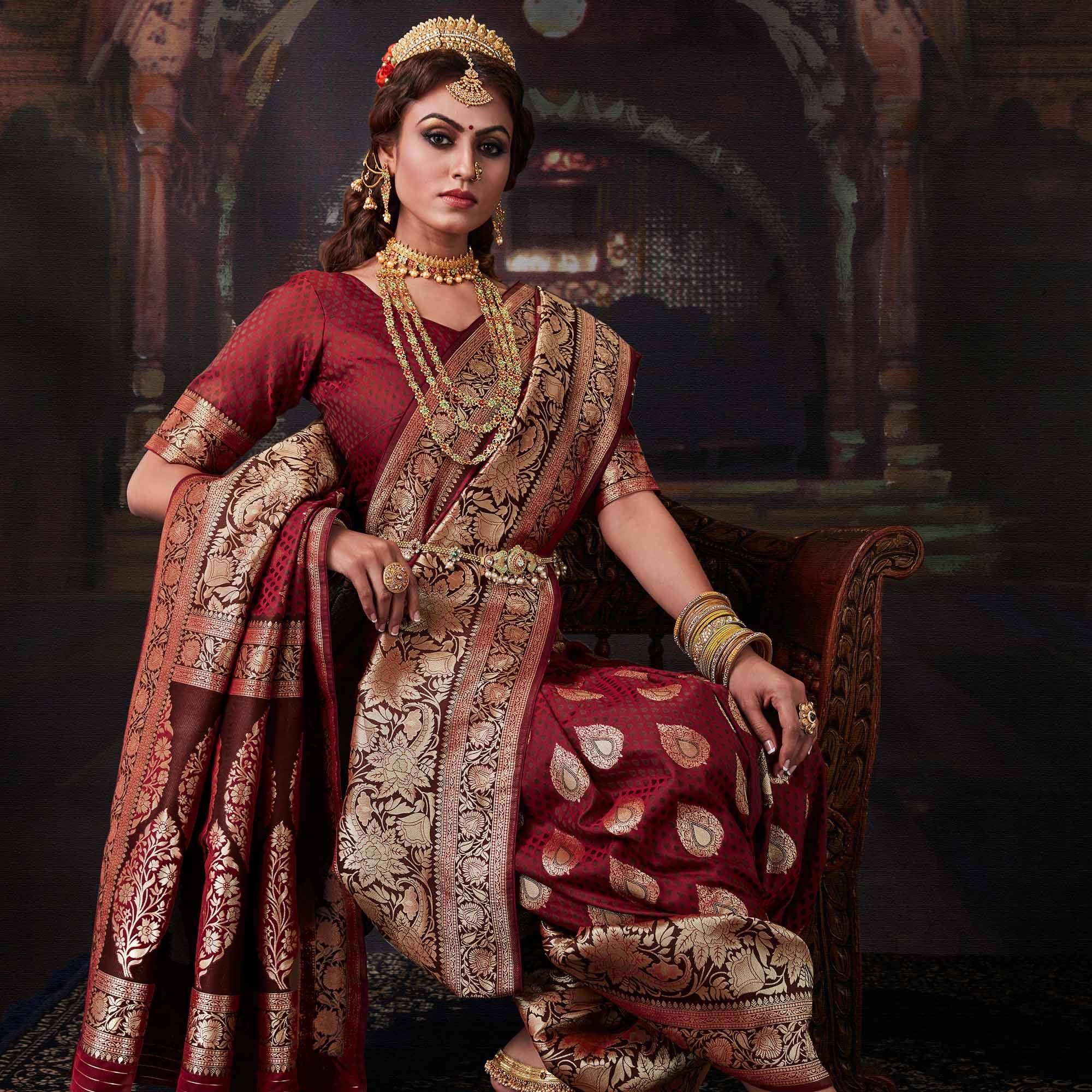 Beautiful Maroon Colored Festive Wear Woven Banarasi Silk Saree - Peachmode