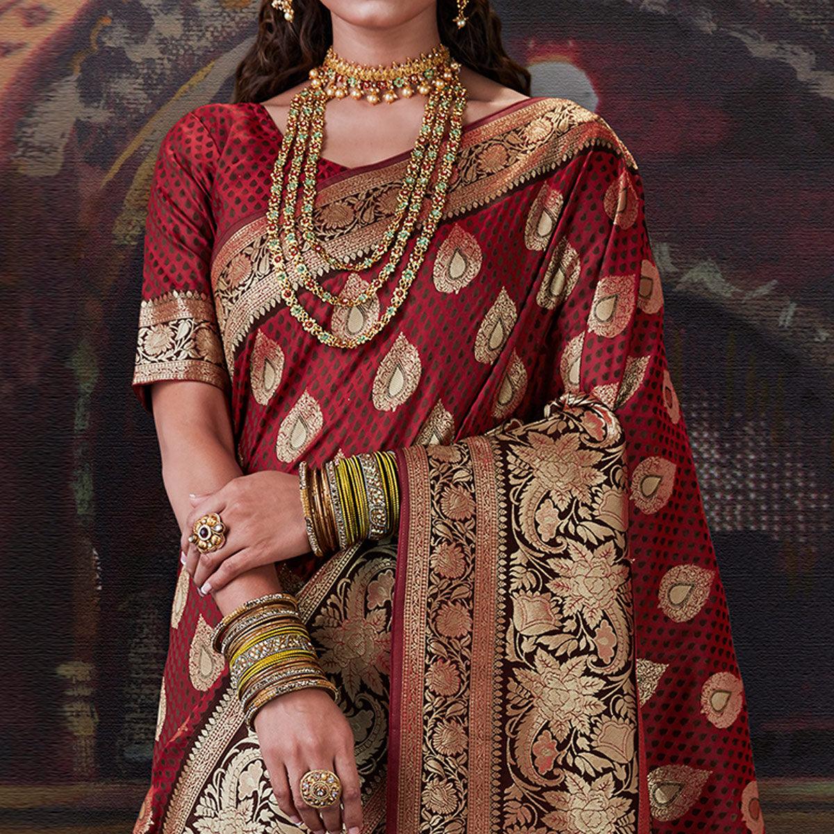 Beautiful Maroon Colored Festive Wear Woven Banarasi Silk Saree - Peachmode