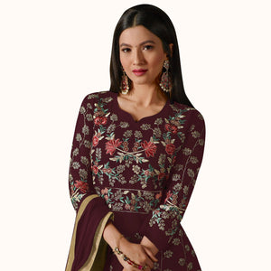 Beautiful Maroon Colored Partywear Designer Embroidered Georgette Anarkali Suit - Peachmode