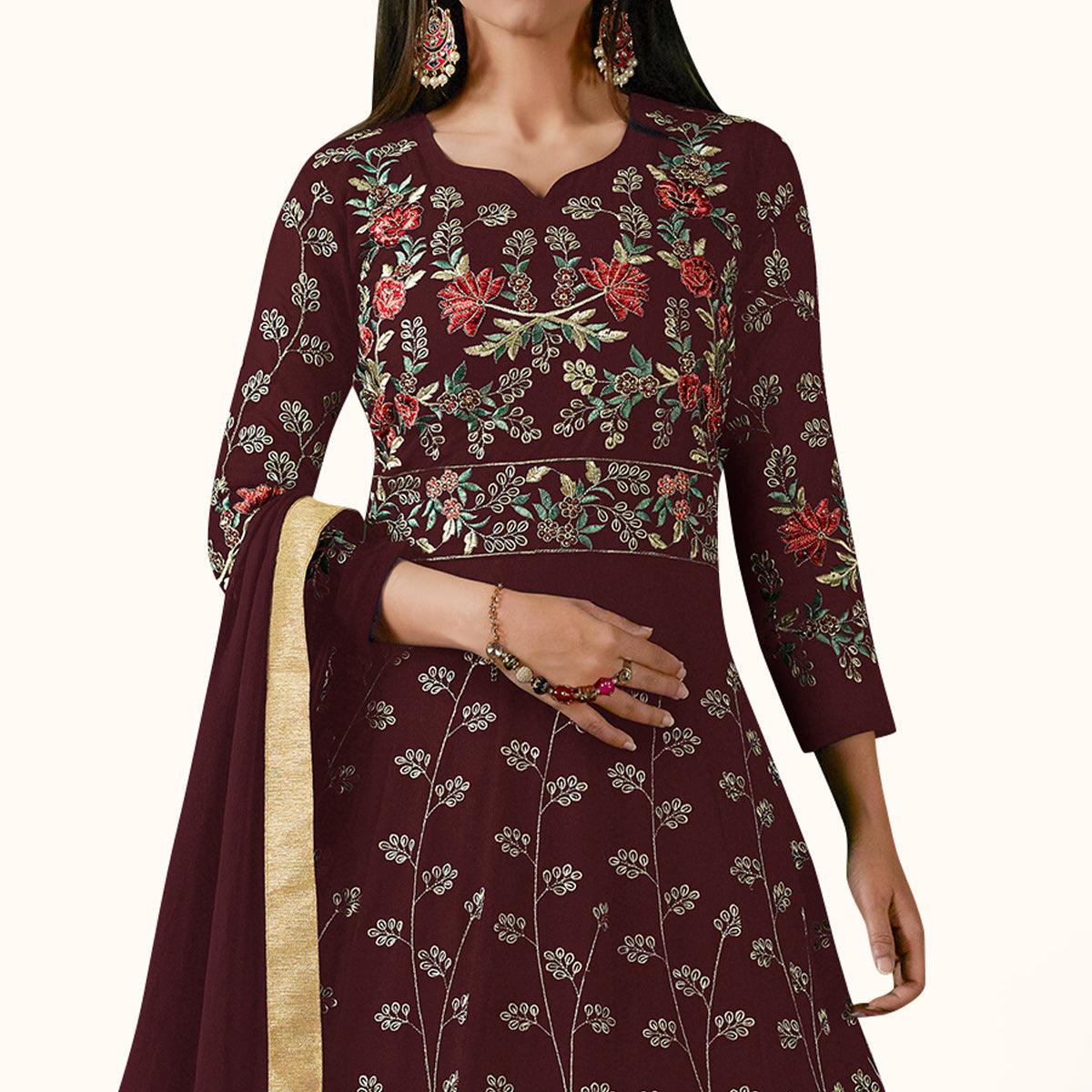 Beautiful Maroon Colored Partywear Designer Embroidered Georgette Anarkali Suit - Peachmode