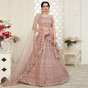 Beautiful Mauve Colored Cording Thread & Sequence Embroidery Designer Wedding Wear Net With Banglori Silk Lehenga Choli - Peachmode