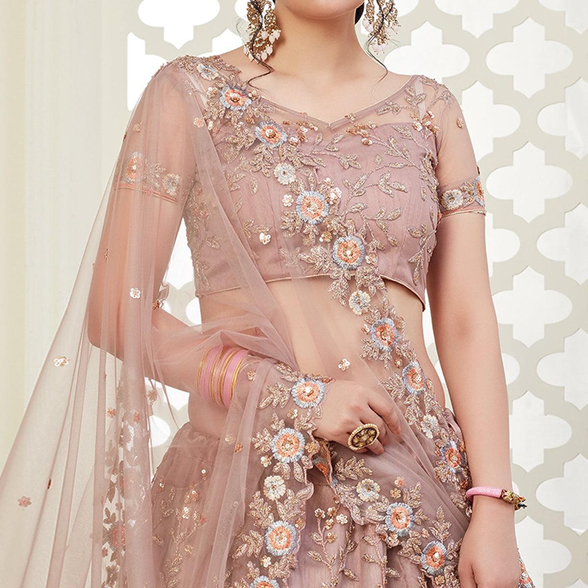 Beautiful Mauve Colored Cording Thread & Sequence Embroidery Designer Wedding Wear Net With Banglori Silk Lehenga Choli - Peachmode