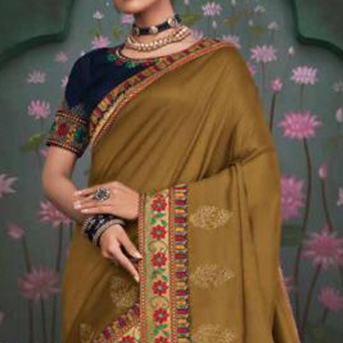 Beautiful Mehndi Green Colored Festive Wear Embroidered Heavy Border Silk Saree - Peachmode