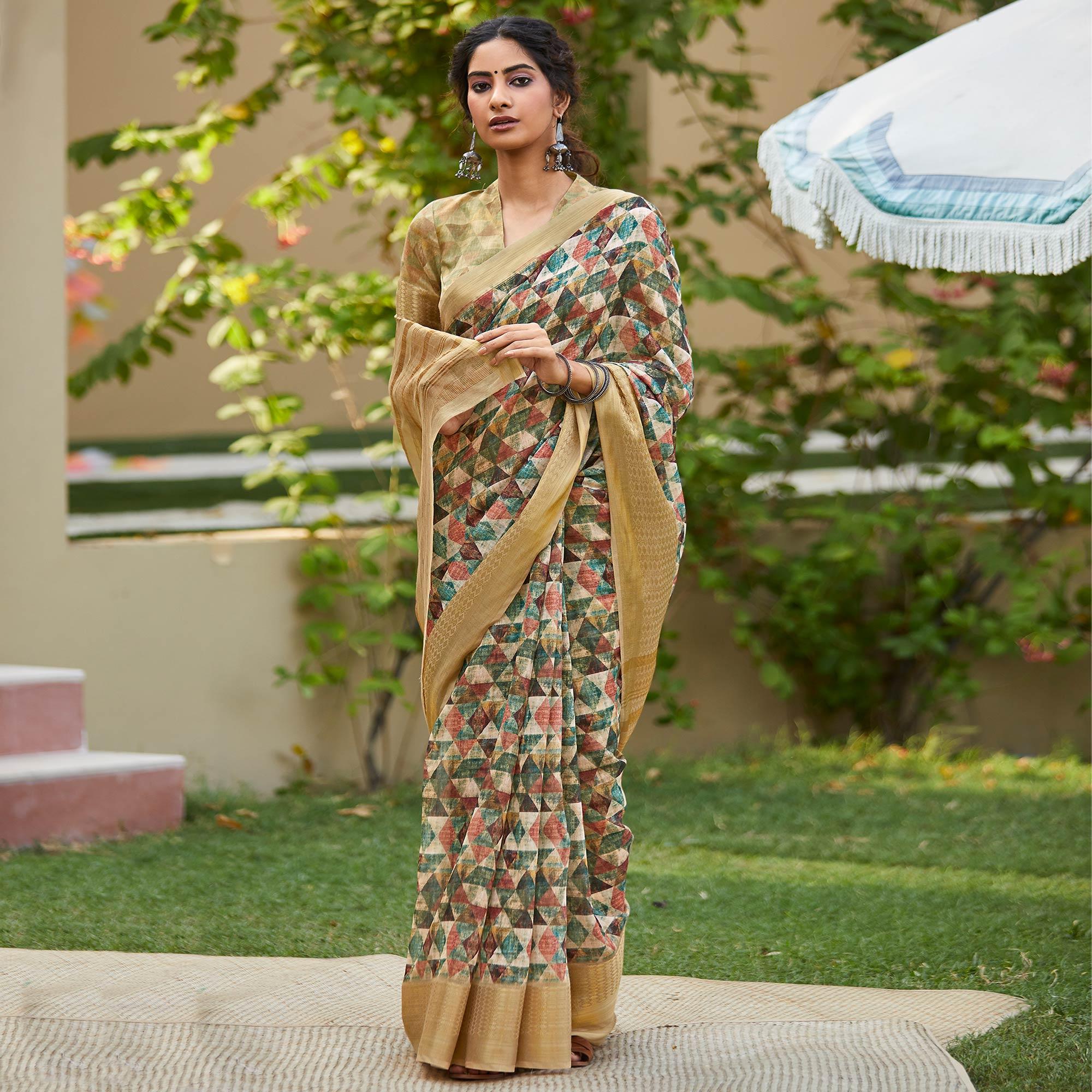 Beautiful Multi Colored Party Wear Digital Printed Linen Saree - Peachmode