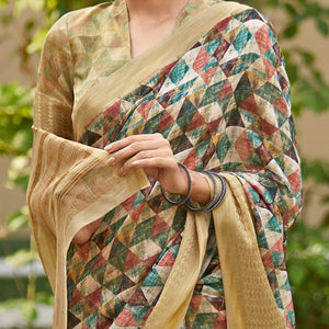 Beautiful Multi Colored Party Wear Digital Printed Linen Saree - Peachmode