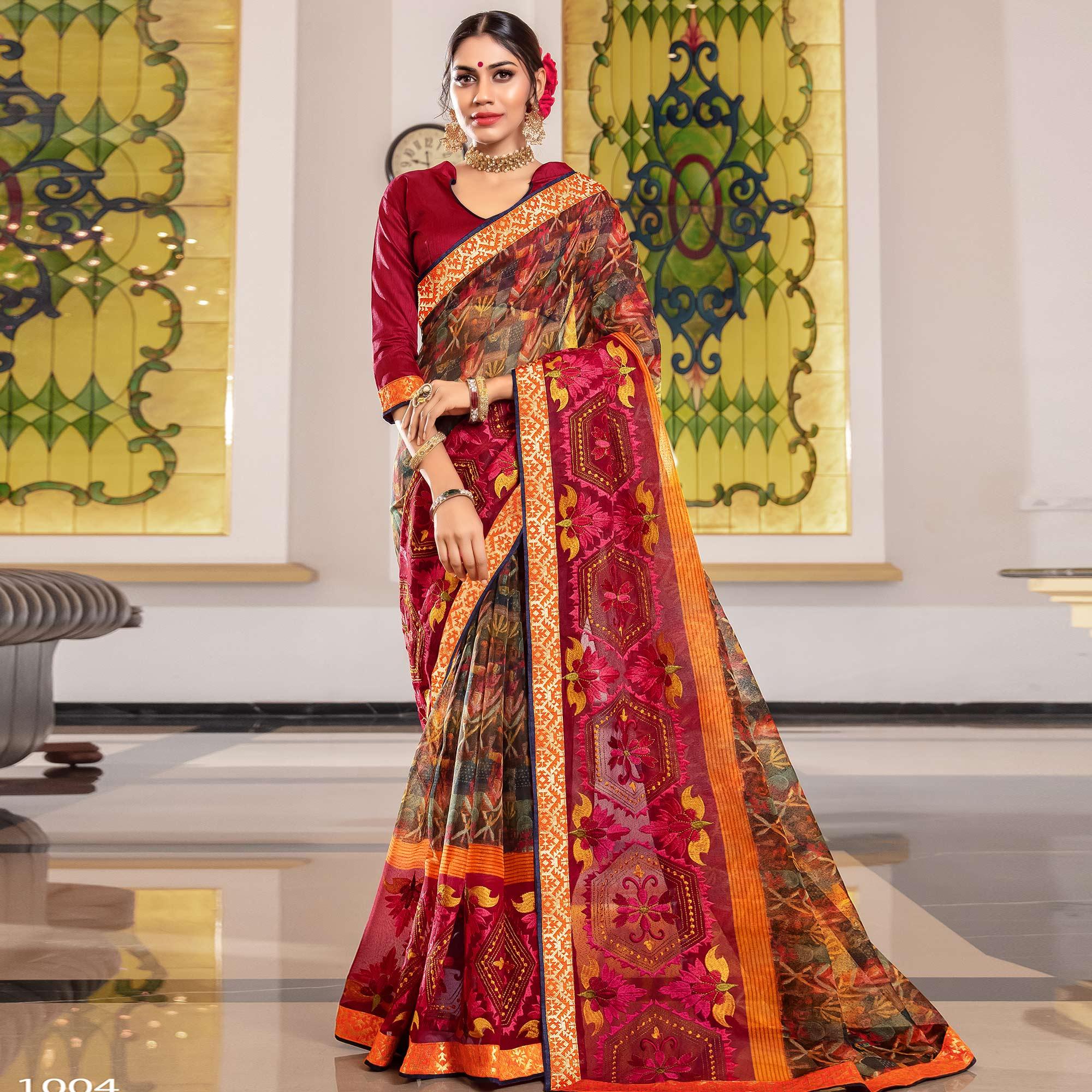 Beautiful Multi Colored Partywear Embroidered Silk Saree - Peachmode