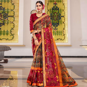 Beautiful Multi Colored Partywear Embroidered Silk Saree - Peachmode