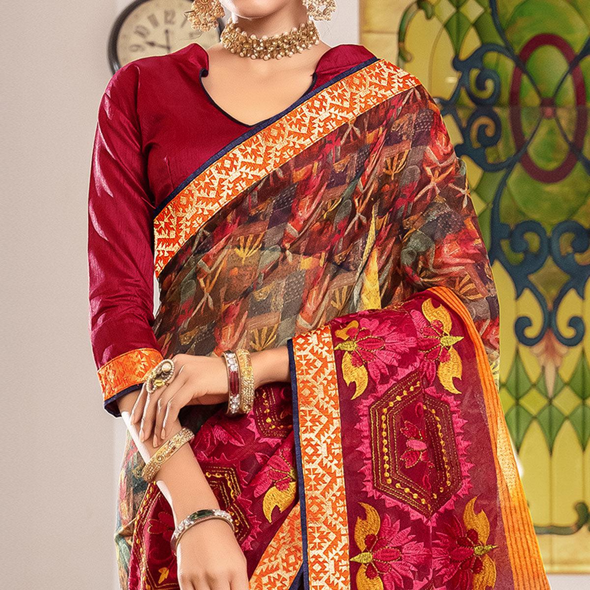 Beautiful Multi Colored Partywear Embroidered Silk Saree - Peachmode