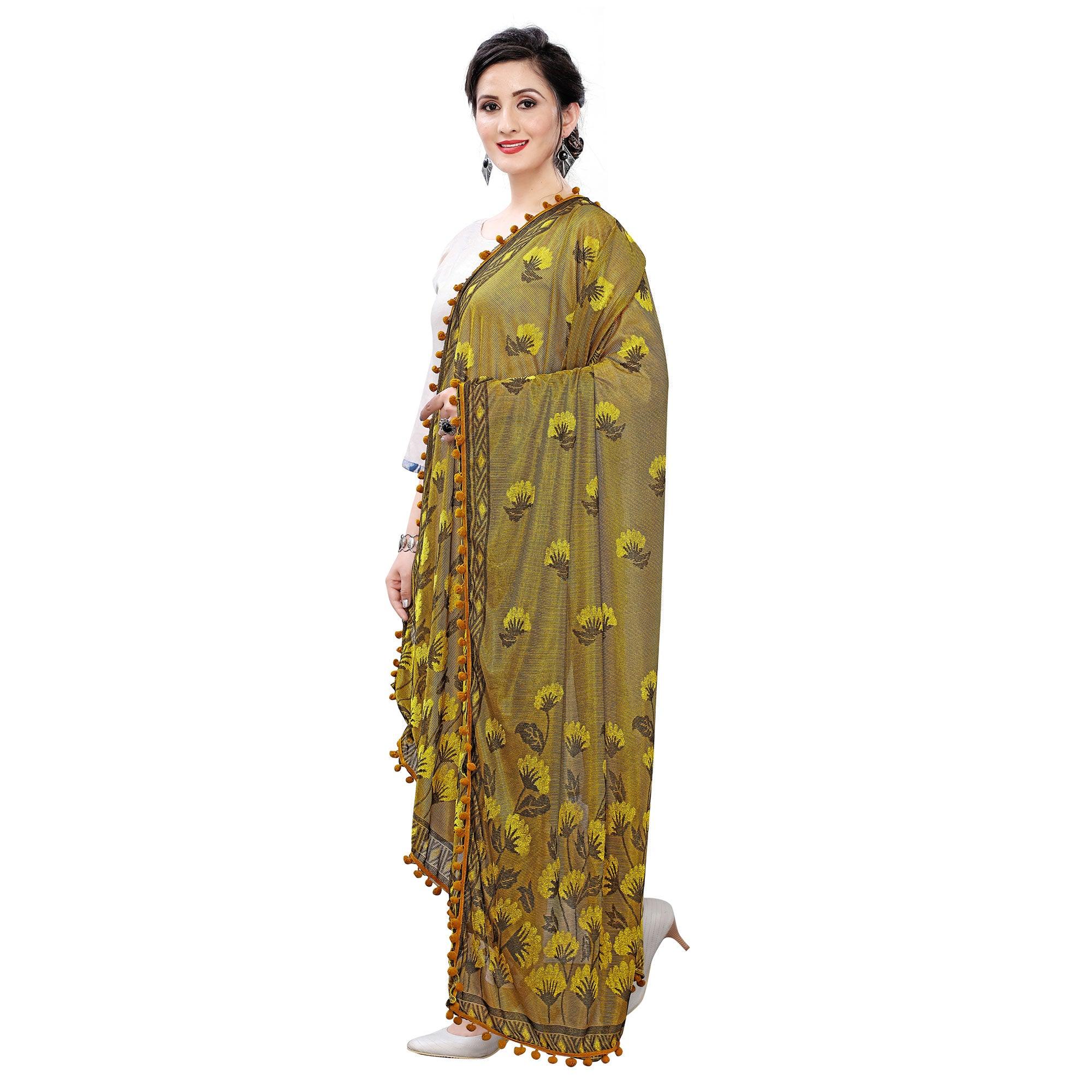 Beautiful Mustard Colored Floral Jacqaurd Pattern With Lace Soft Lycra Women Dupatta - Peachmode