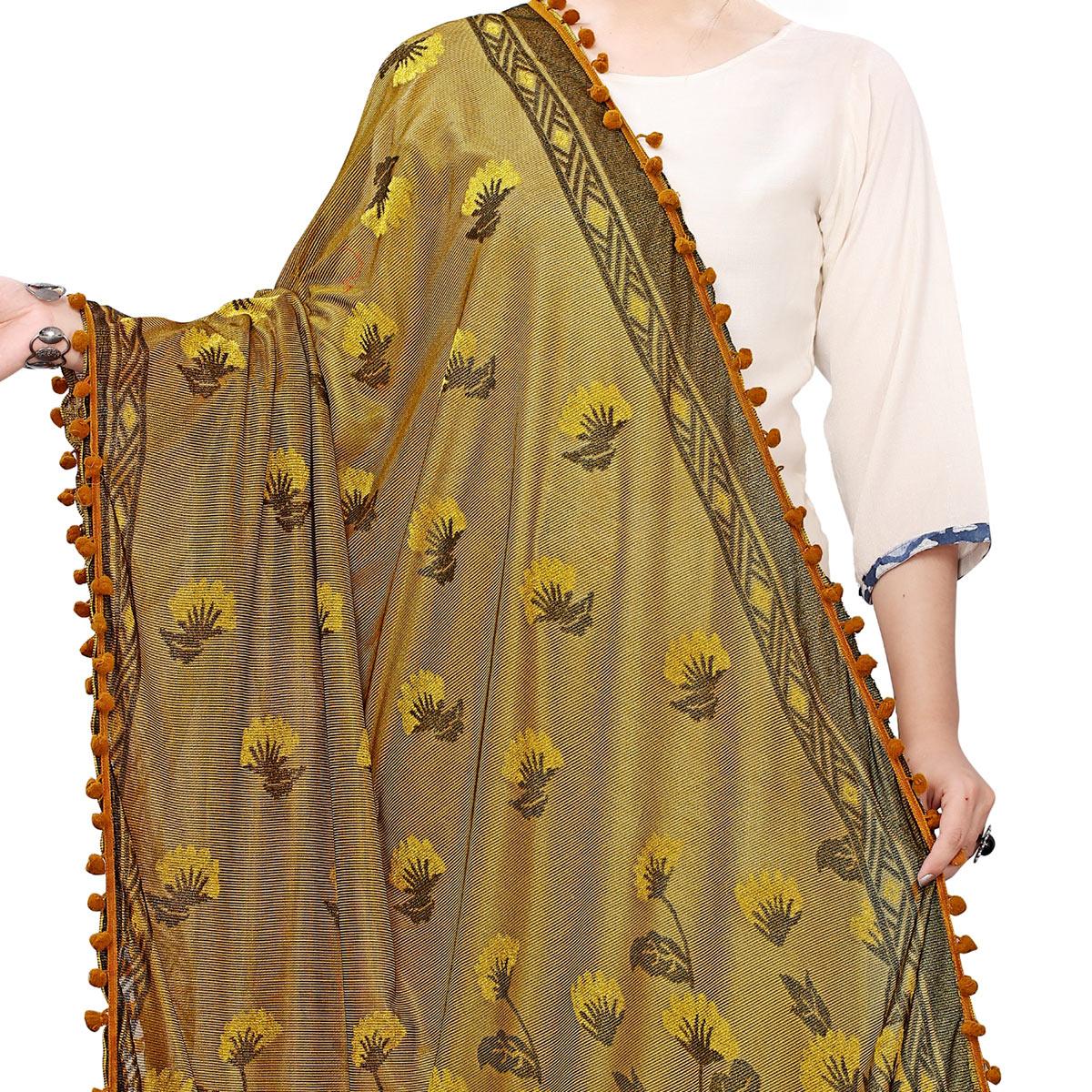 Beautiful Mustard Colored Floral Jacqaurd Pattern With Lace Soft Lycra Women Dupatta - Peachmode