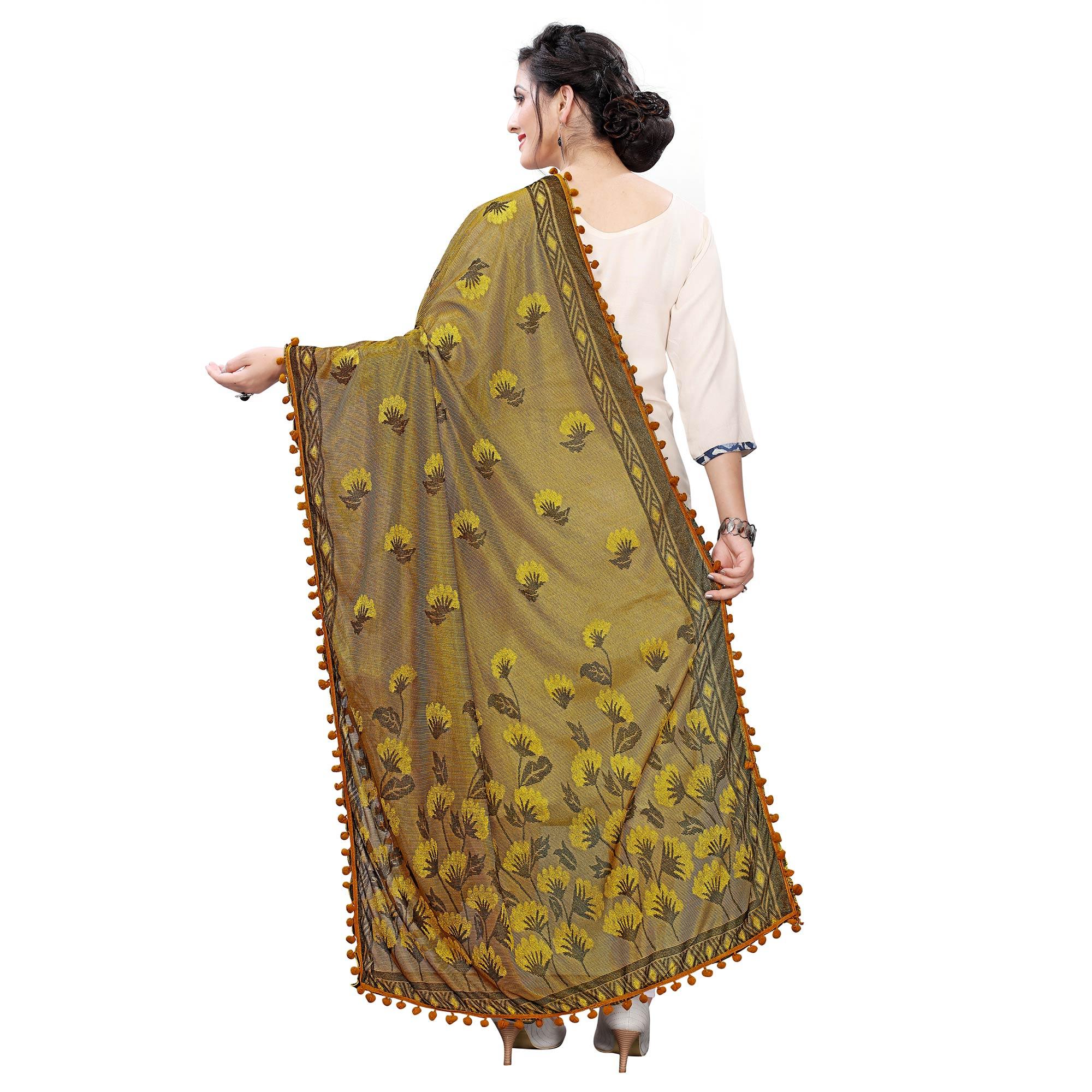 Beautiful Mustard Colored Floral Jacqaurd Pattern With Lace Soft Lycra Women Dupatta - Peachmode