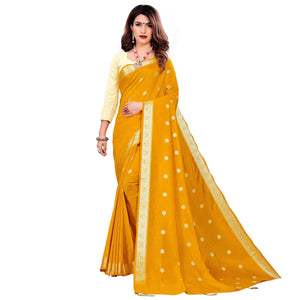 Beautiful Mustard Yellow Colored Casual Wear Embroidered Art Silk Saree With Tassels - Peachmode