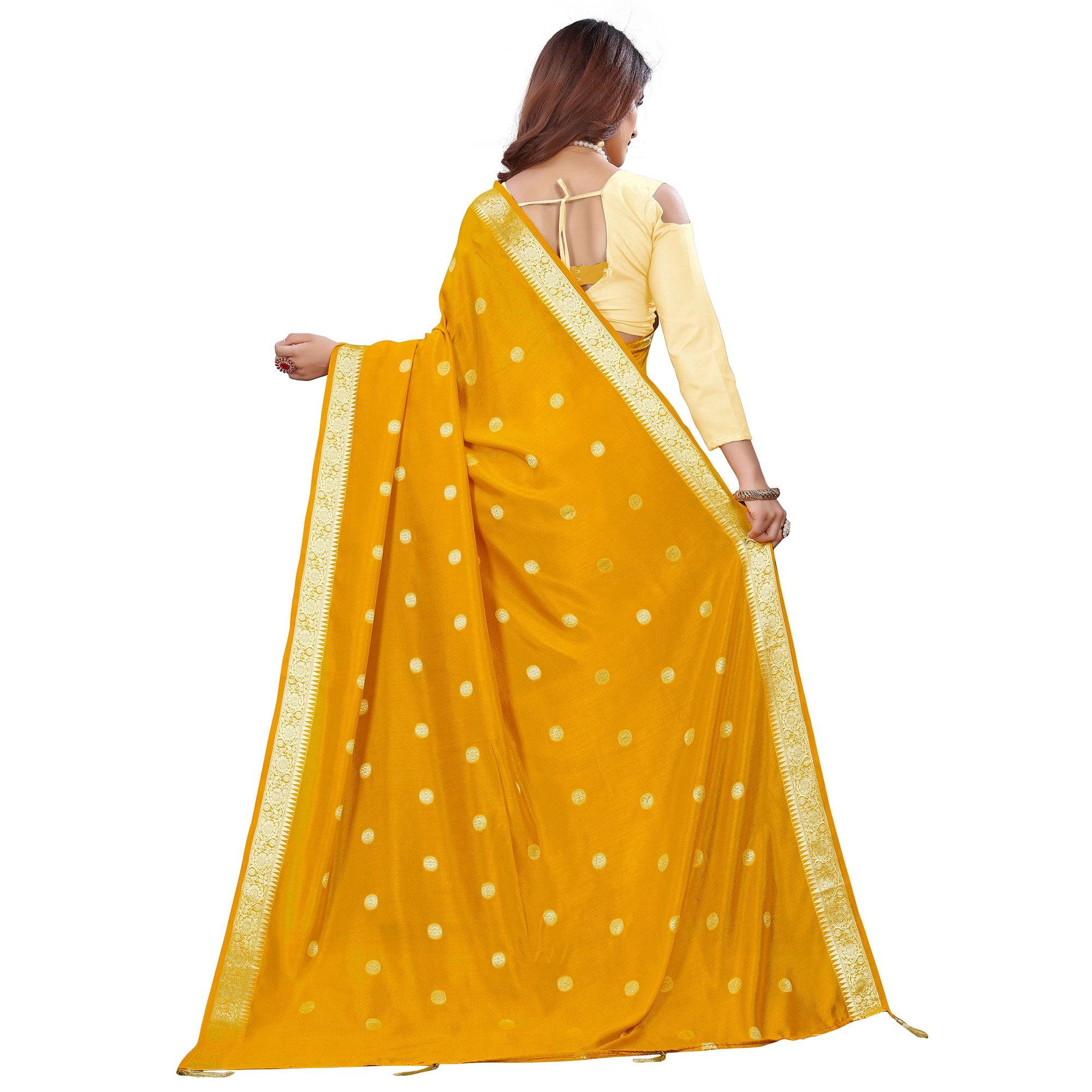 Beautiful Mustard Yellow Colored Casual Wear Embroidered Art Silk Saree With Tassels - Peachmode