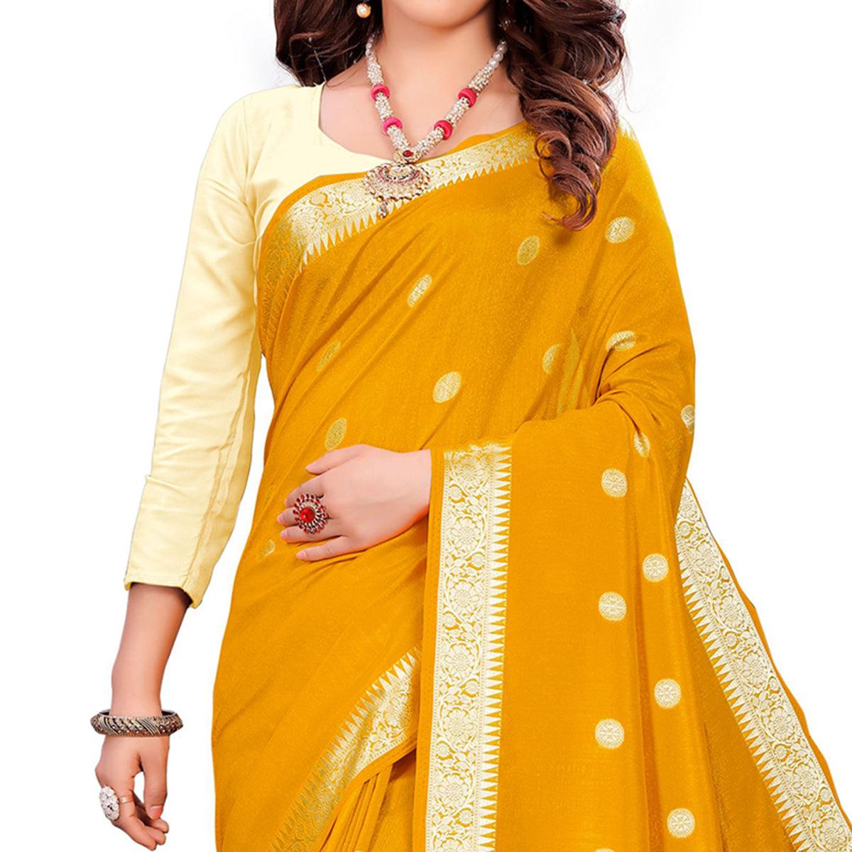 Beautiful Mustard Yellow Colored Casual Wear Embroidered Art Silk Saree With Tassels - Peachmode