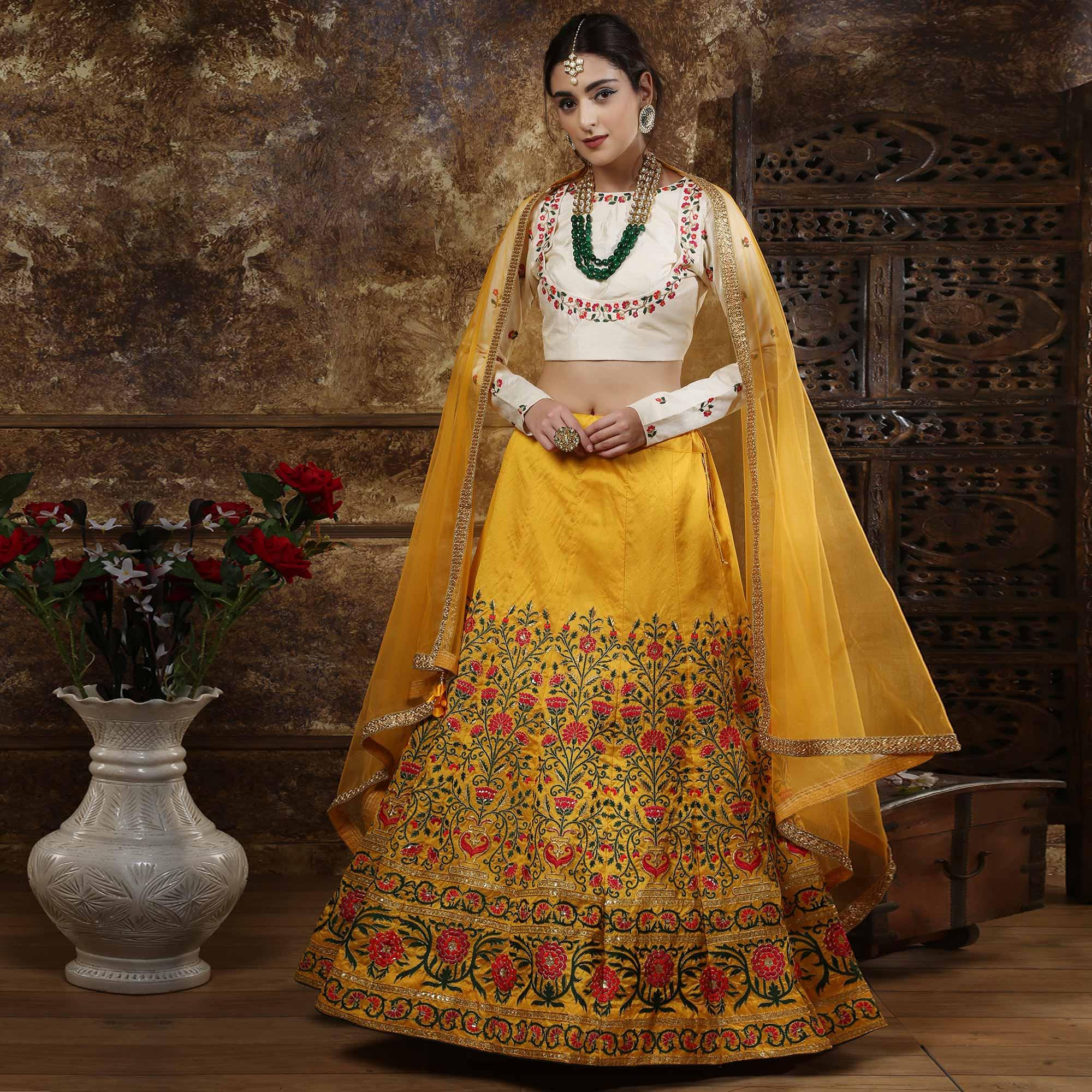 Beautiful Mustard Yellow Colored Party Wear Embroidered Thai Silk Lehenga Choli - Peachmode