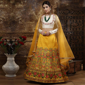 Beautiful Mustard Yellow Colored Party Wear Embroidered Thai Silk Lehenga Choli - Peachmode