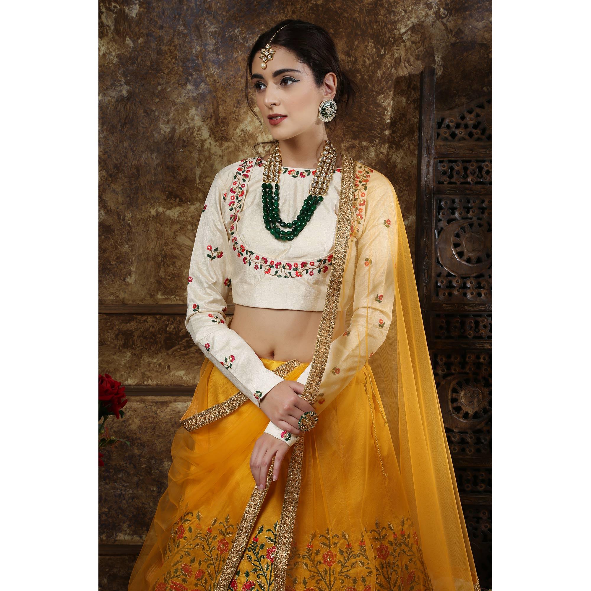 Beautiful Mustard Yellow Colored Party Wear Embroidered Thai Silk Lehenga Choli - Peachmode