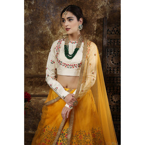 Beautiful Mustard Yellow Colored Party Wear Embroidered Thai Silk Lehenga Choli - Peachmode