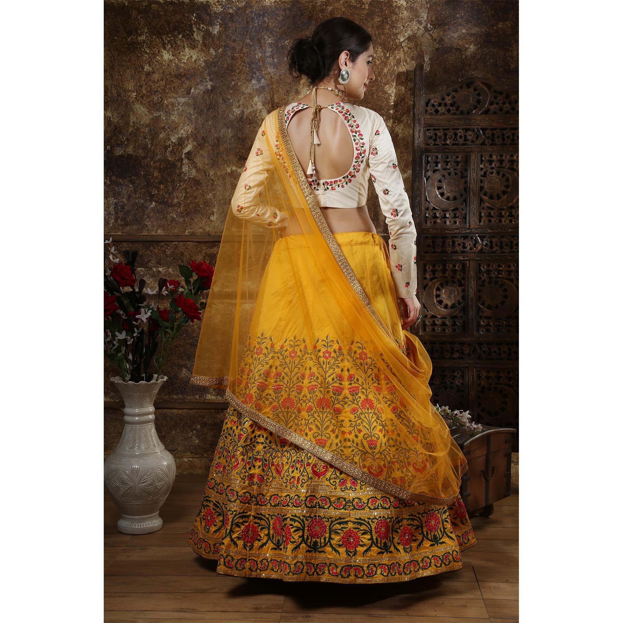 Beautiful Mustard Yellow Colored Party Wear Embroidered Thai Silk Lehenga Choli - Peachmode