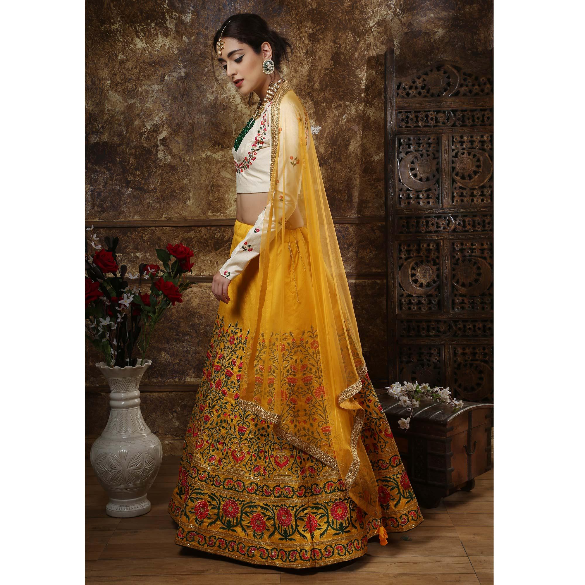 Beautiful Mustard Yellow Colored Party Wear Embroidered Thai Silk Lehenga Choli - Peachmode