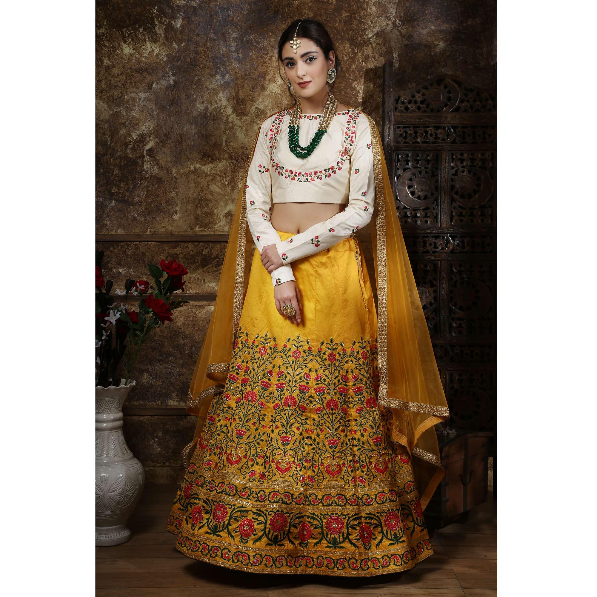 Beautiful Mustard Yellow Colored Party Wear Embroidered Thai Silk Lehenga Choli - Peachmode