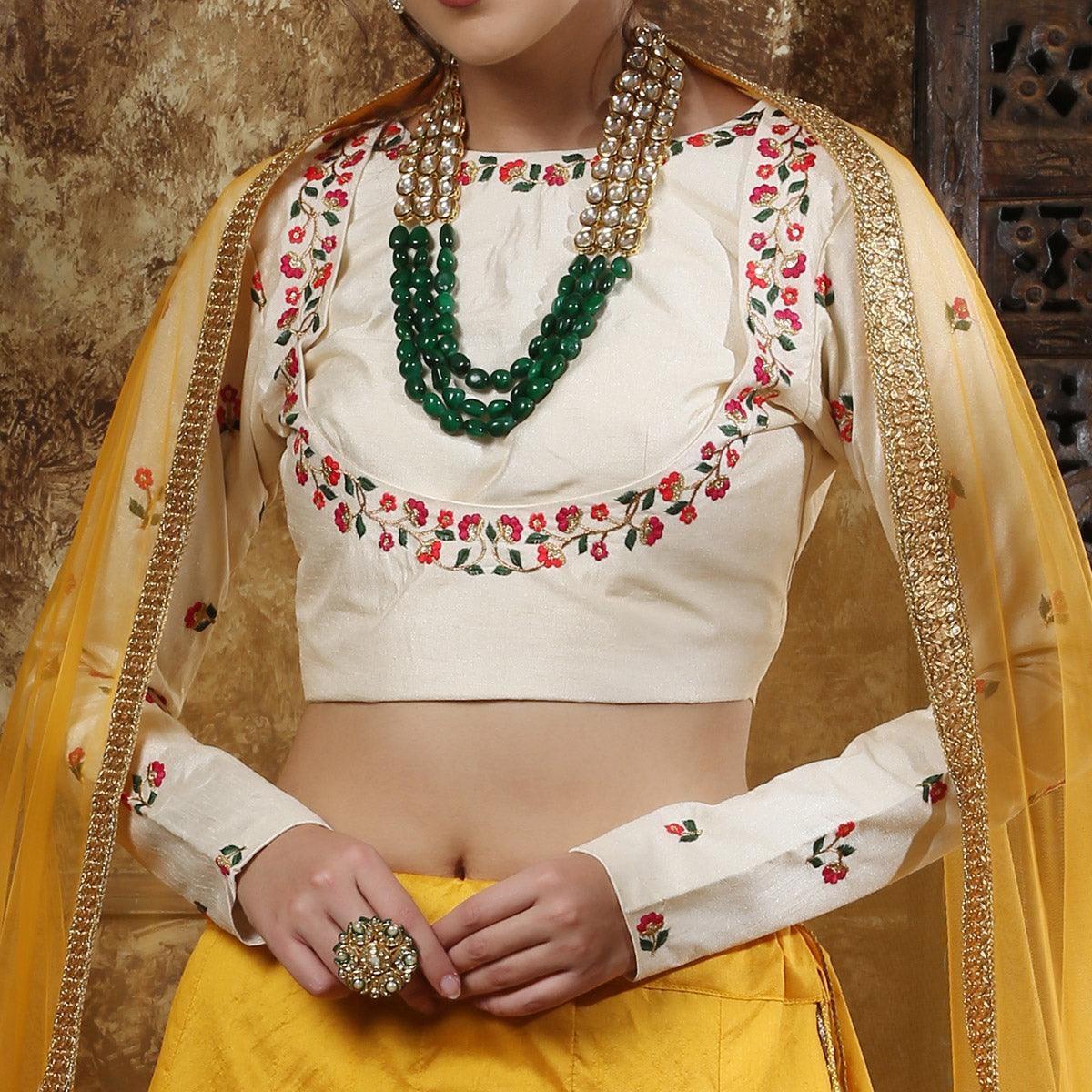 Beautiful Mustard Yellow Colored Party Wear Embroidered Thai Silk Lehenga Choli - Peachmode