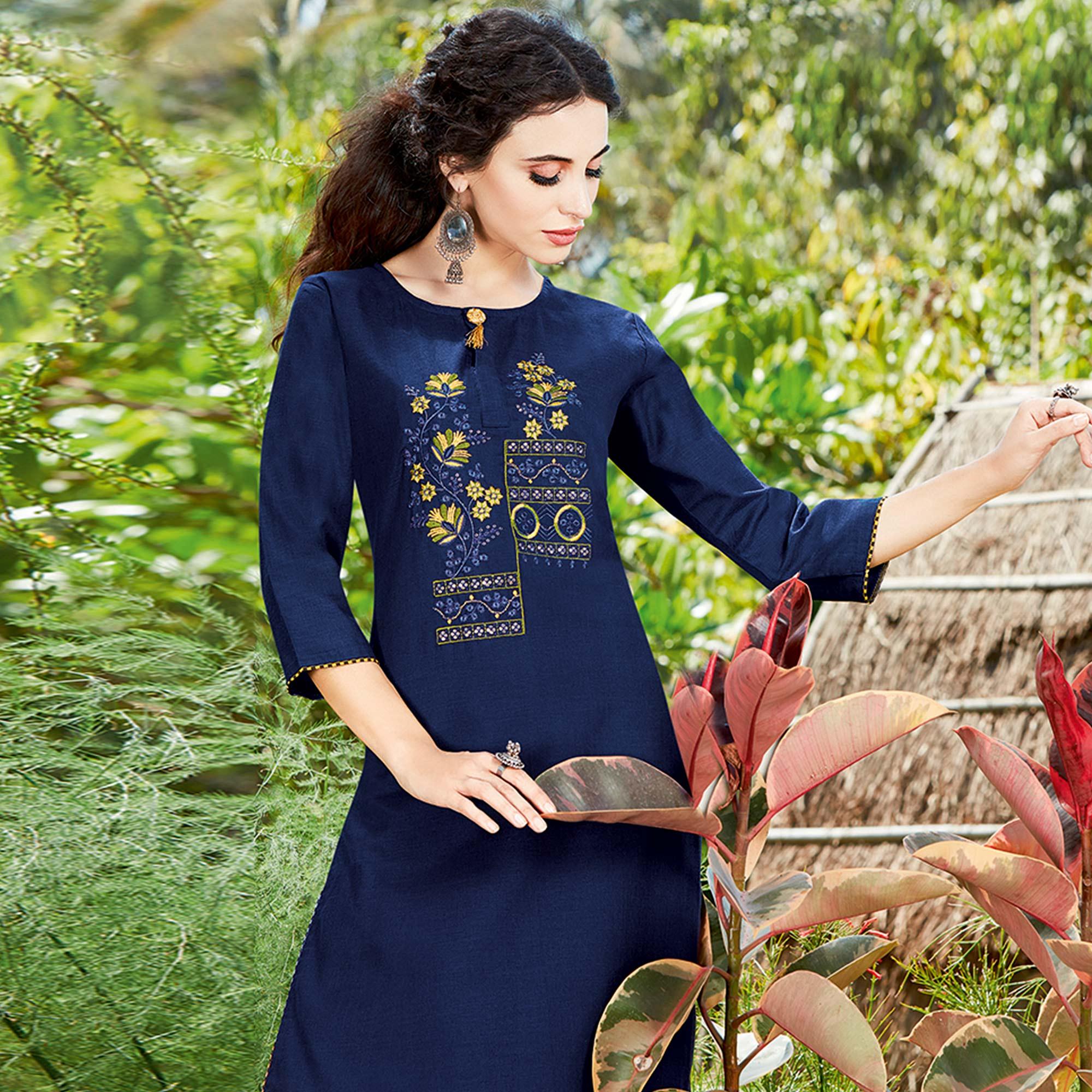 Beautiful Navy Blue Colored Casual Wear Embroidered Cotton Sulb Kurti - Peachmode