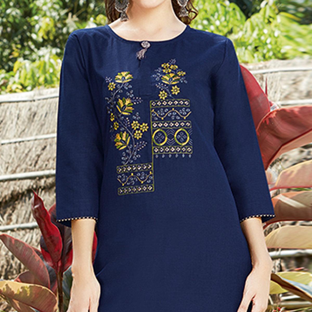 Beautiful Navy Blue Colored Casual Wear Embroidered Cotton Sulb Kurti - Peachmode