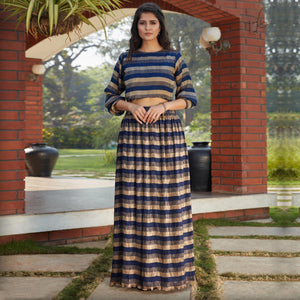 Beautiful Navy Blue Colored Casual Wear Printed Western Crop Top - Skirt Set - Peachmode