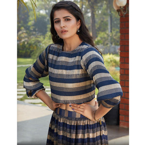 Beautiful Navy Blue Colored Casual Wear Printed Western Crop Top - Skirt Set - Peachmode