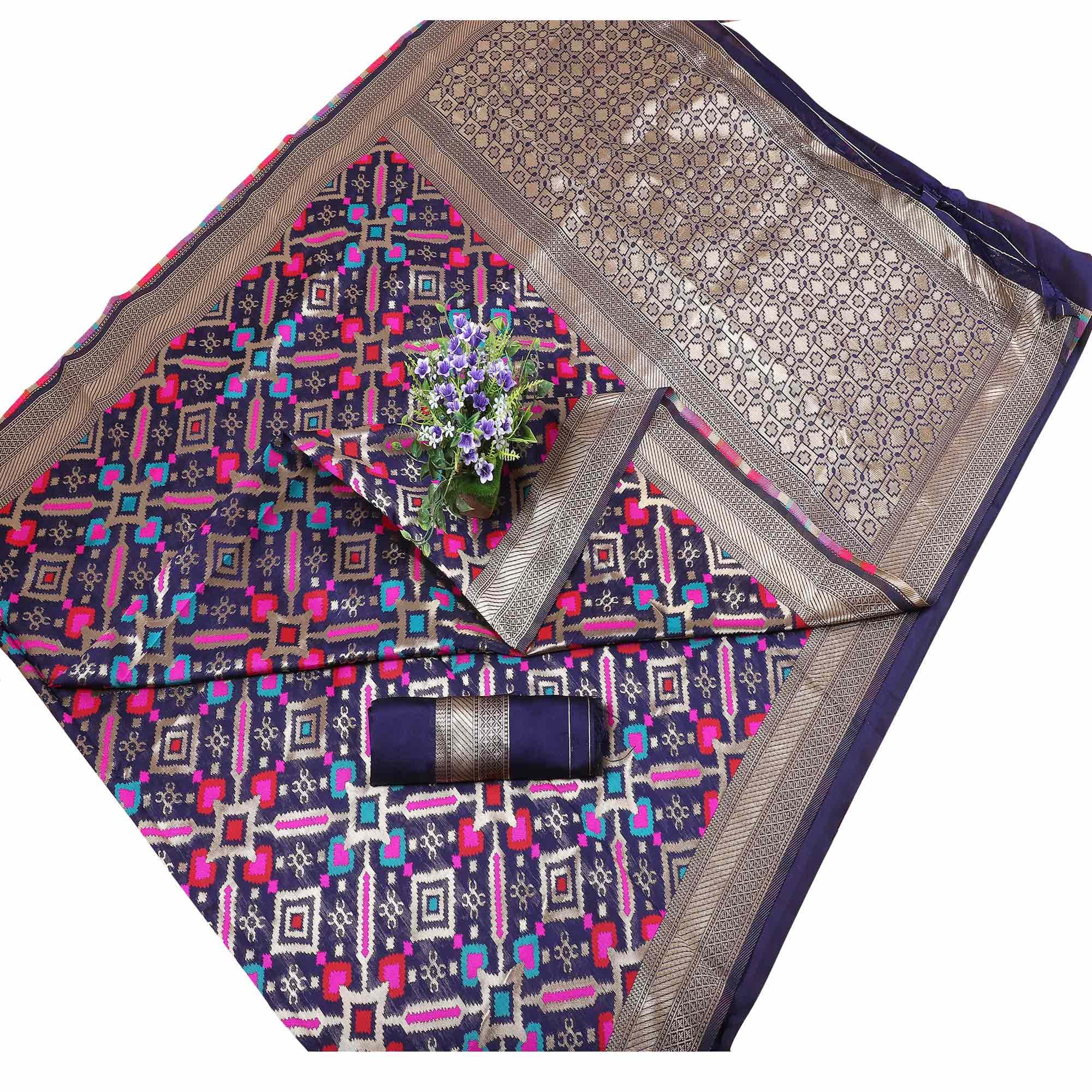 Beautiful Navy Blue Colored Festive Wear Printed Banarasi Silk Saree - Peachmode