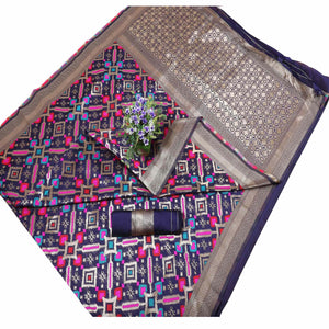 Beautiful Navy Blue Colored Festive Wear Printed Banarasi Silk Saree - Peachmode