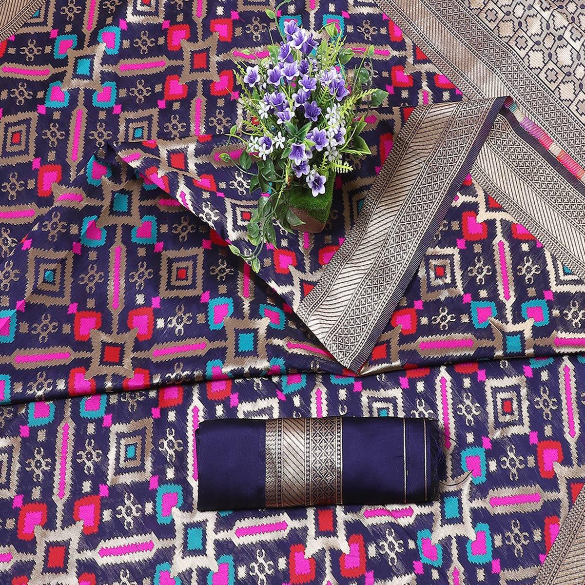 Beautiful Navy Blue Colored Festive Wear Printed Banarasi Silk Saree - Peachmode