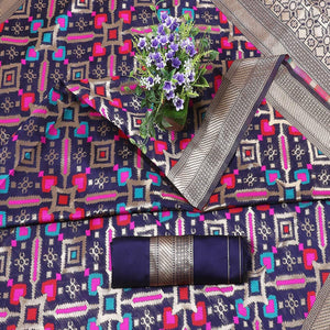 Beautiful Navy Blue Colored Festive Wear Printed Banarasi Silk Saree - Peachmode