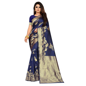Beautiful Navy Blue Colored Festive Wear Woven Lichi Silk Saree - Peachmode