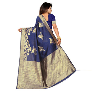 Beautiful Navy Blue Colored Festive Wear Woven Lichi Silk Saree - Peachmode