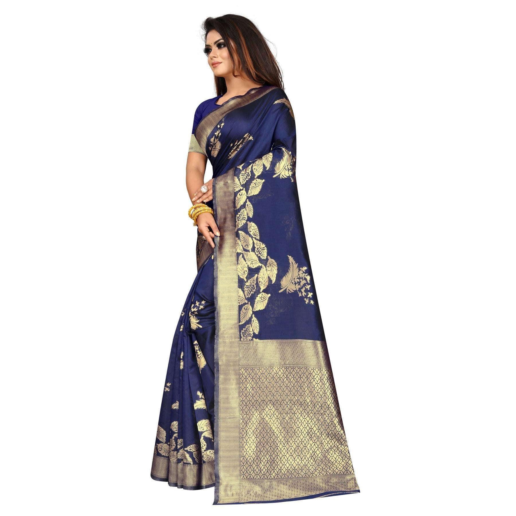 Beautiful Navy Blue Colored Festive Wear Woven Lichi Silk Saree - Peachmode