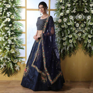 Beautiful Navy Blue Colored Party Wear Embrodiered Art Silk Lehenga Choli - Peachmode
