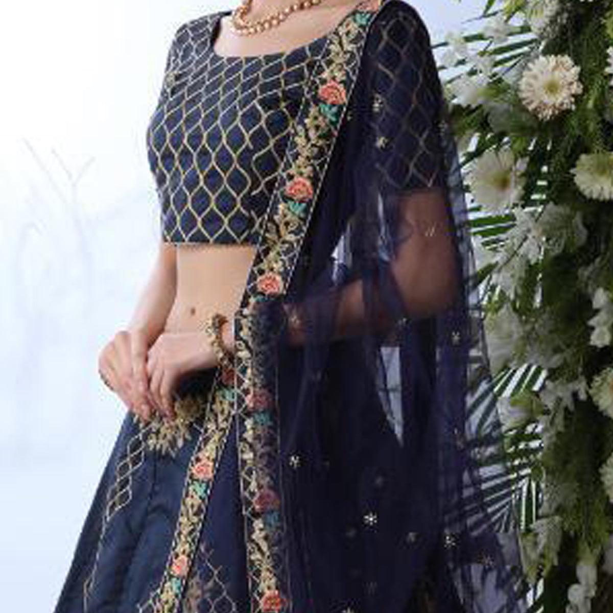 Beautiful Navy Blue Colored Party Wear Embrodiered Art Silk Lehenga Choli - Peachmode
