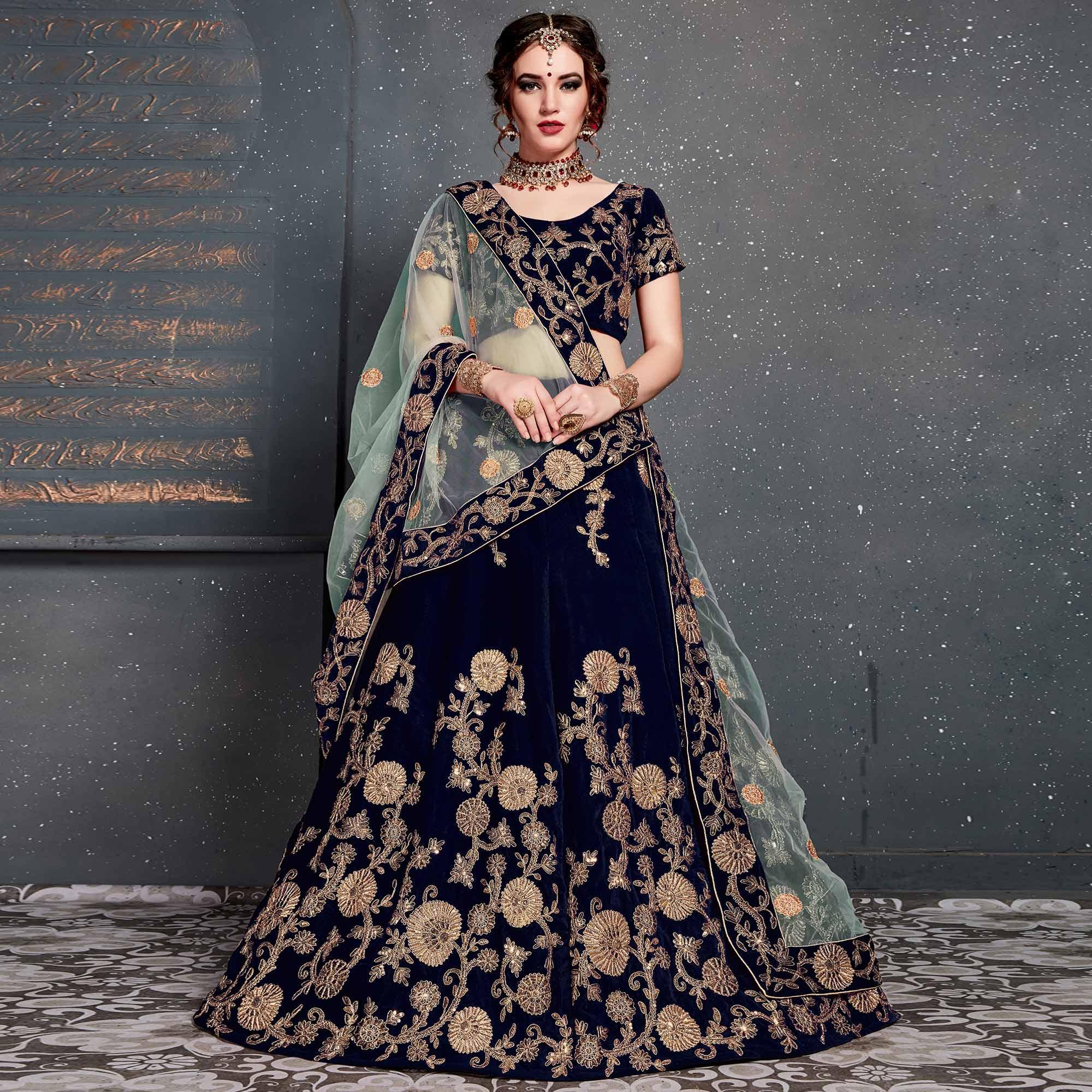 Beautiful Navy Blue Colored Partywear Designer Embroidered Velvet Lehenga Choli - Peachmode