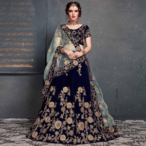 Beautiful Navy Blue Colored Partywear Designer Embroidered Velvet Lehenga Choli - Peachmode