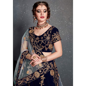 Beautiful Navy Blue Colored Partywear Designer Embroidered Velvet Lehenga Choli - Peachmode