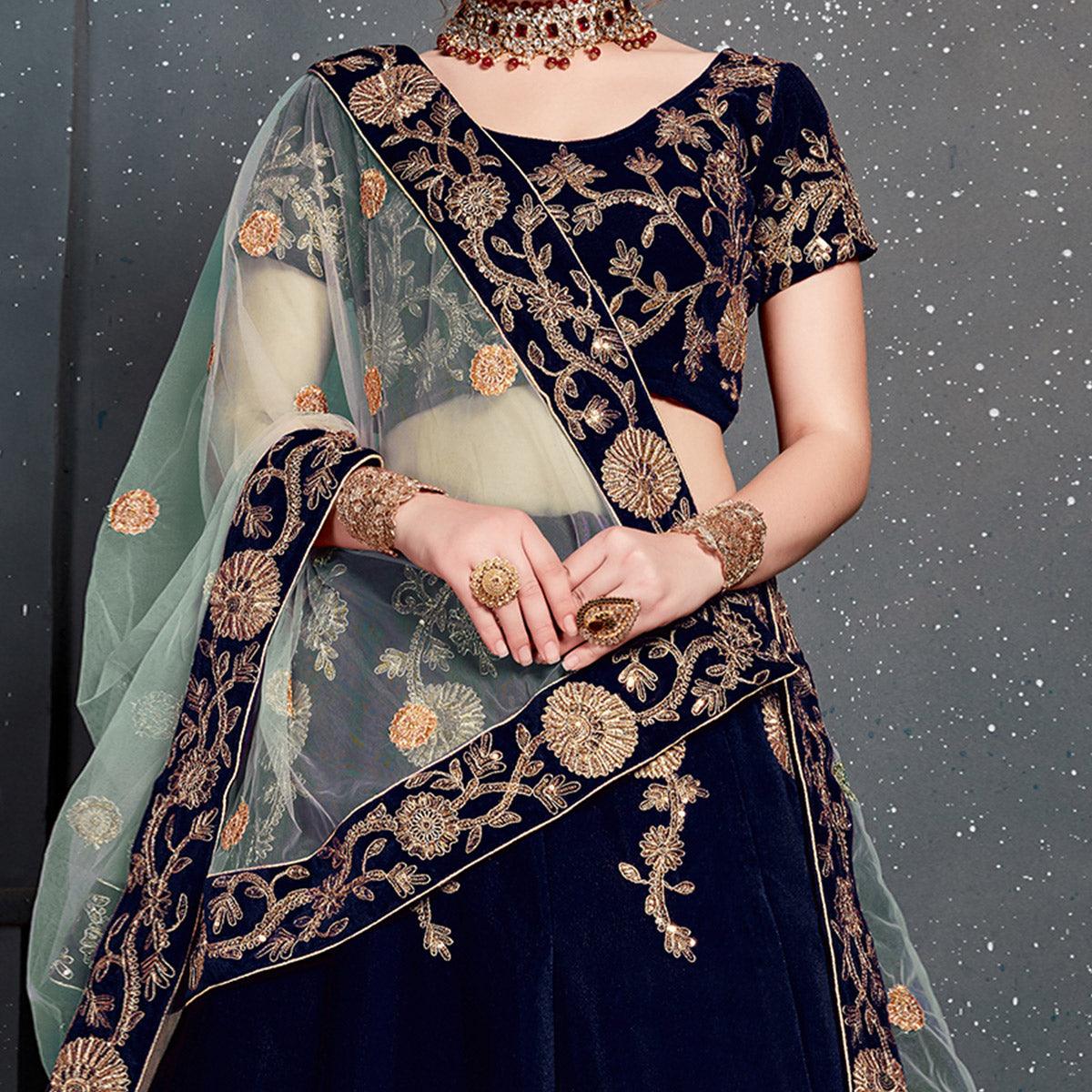 Beautiful Navy Blue Colored Partywear Designer Embroidered Velvet Lehenga Choli - Peachmode