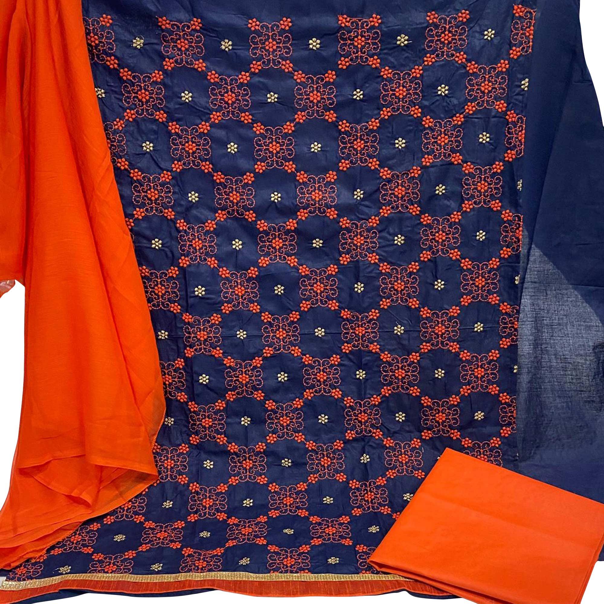 Beautiful Navy Blue-Orange Colored Partywear Embroidered Cotton Dress Material - Peachmode