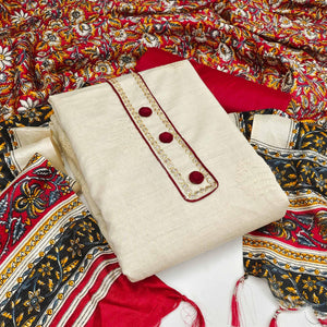 Beautiful Off White-Maroon Colored Casual Embroidered Cotton Dress Material - Peachmode