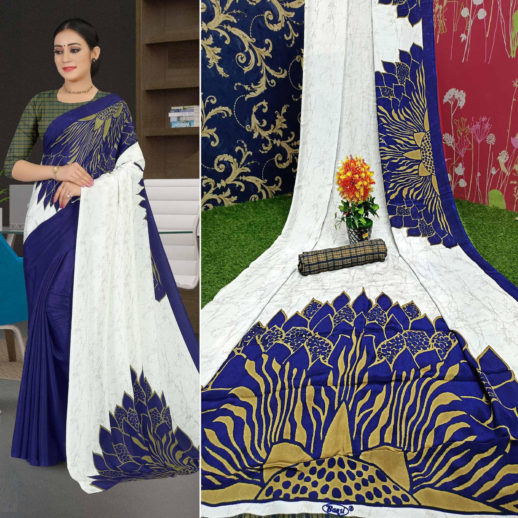 Beautiful Offwhite - Blue Colored Casual Wear Printed Satin Saree - Peachmode